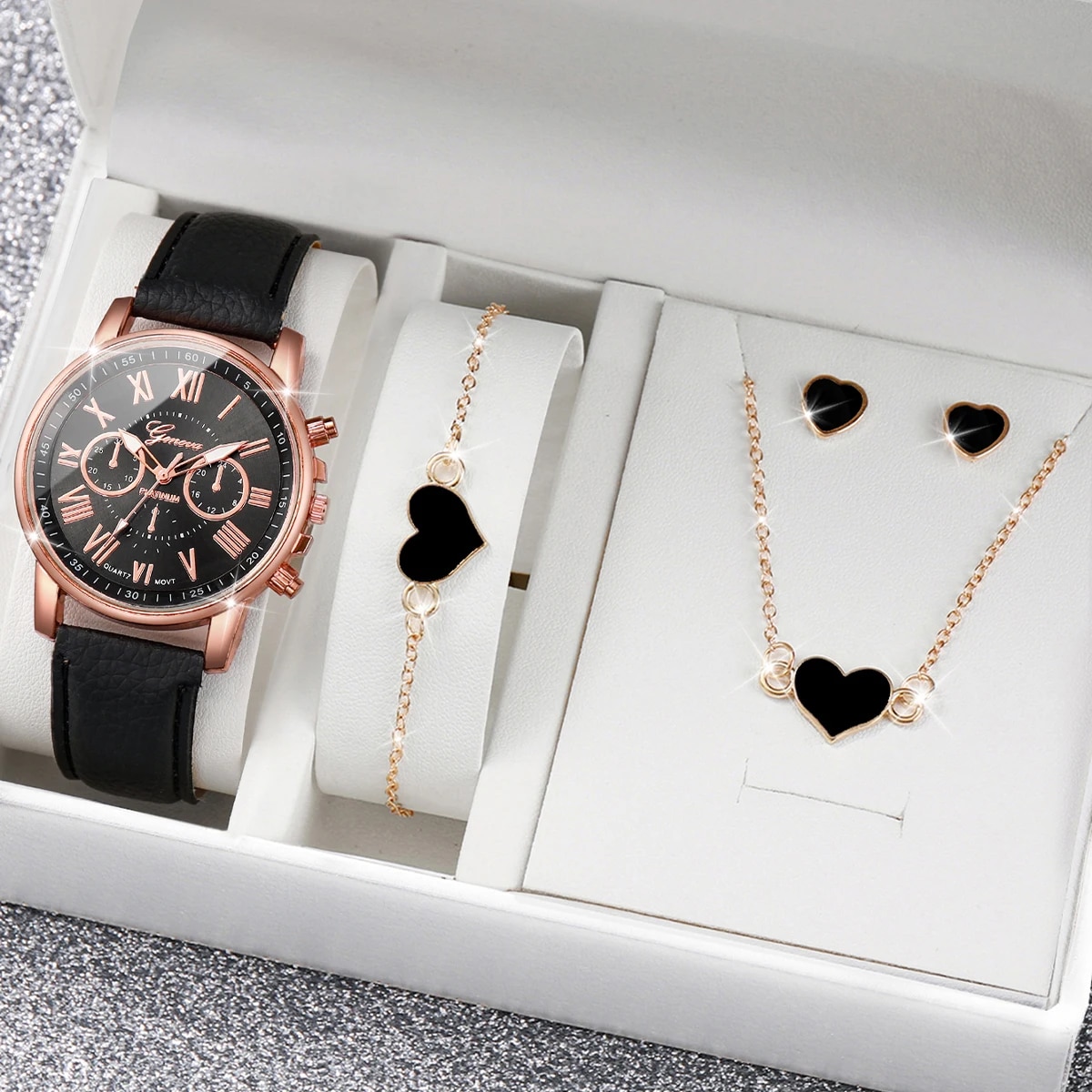 4PCS/Set Women Watches Heart Jewelry Set Fashion Geneva Watch Casual Leather Band Quartz Wristwatch（Without Box）