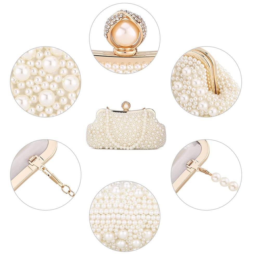 UBORSE Women Pearl Clutch Bag Noble Crystal Beaded Evening Bag Wedding Clutch with Pearl Chain