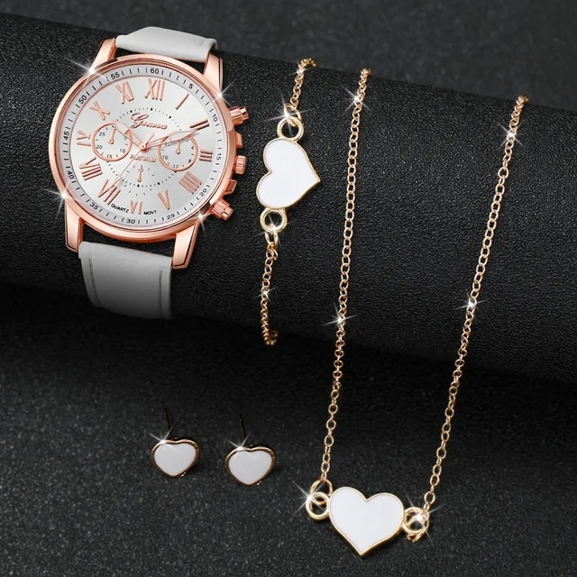 4PCS/Set Women Watches Heart Jewelry Set Fashion Geneva Watch Casual Leather Band Quartz Wristwatch（Without Box）