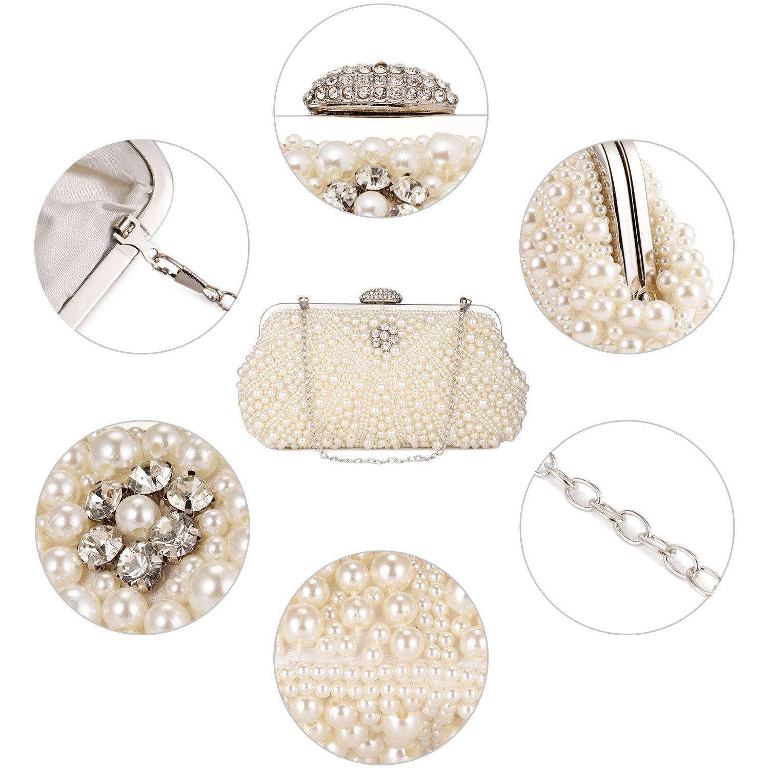 UBORSE Women Pearl Clutch Bag Noble Crystal Beaded Evening Bag Wedding Clutch with Pearl Chain