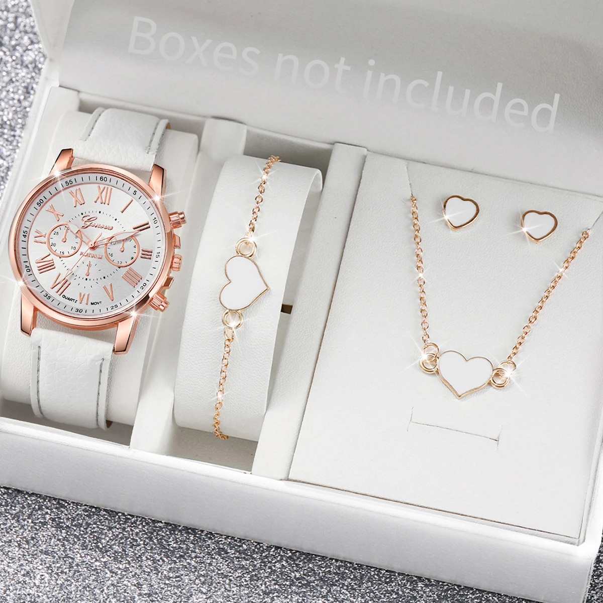 4PCS/Set Women Watches Heart Jewelry Set Fashion Geneva Watch Casual Leather Band Quartz Wristwatch（Without Box）