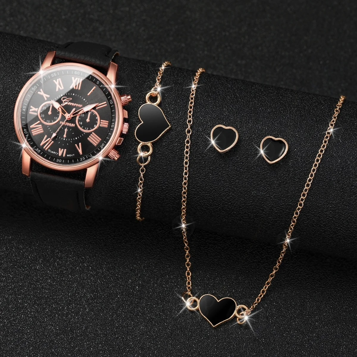 4PCS/Set Women Watches Heart Jewelry Set Fashion Geneva Watch Casual Leather Band Quartz Wristwatch（Without Box）