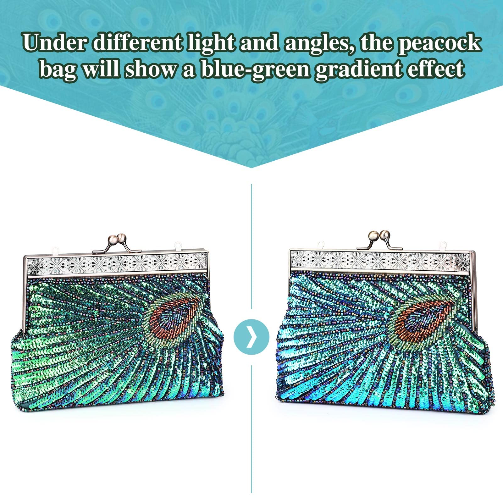 UBORSE Beaded Sequin Peacock Evening Clutch Bags Party Wedding Purse