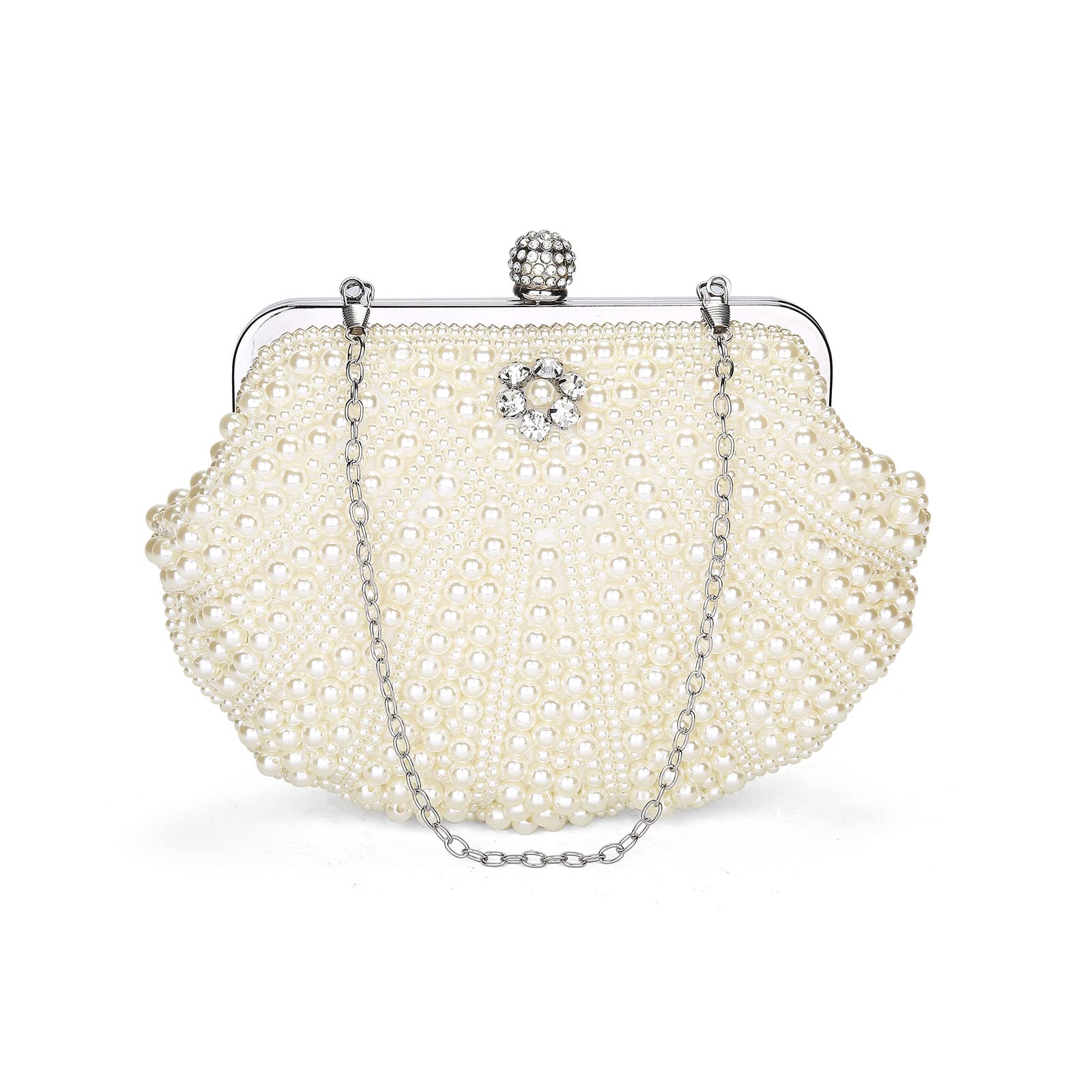 UBORSE Women Pearl Clutch Bag Noble Crystal Beaded Evening Bag Wedding Clutch with Pearl Chain