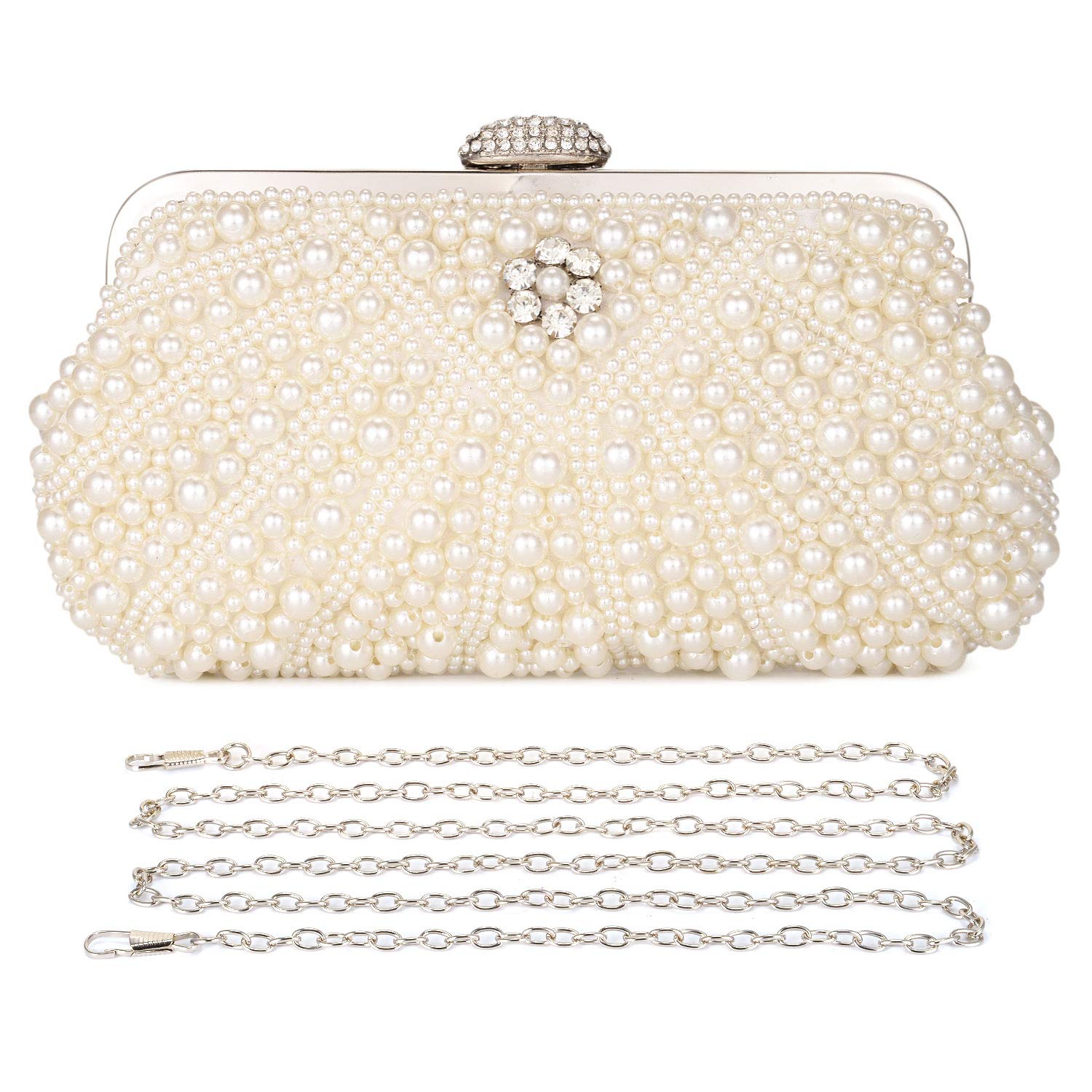 UBORSE Women Pearl Clutch Bag Noble Crystal Beaded Evening Bag Wedding Clutch with Pearl Chain